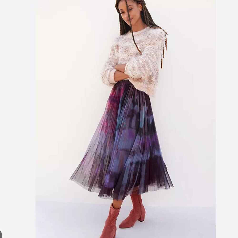 Anthropologie Geisha Designs Dania Tulle Tie-dye Purple and Blue Midi Skirt